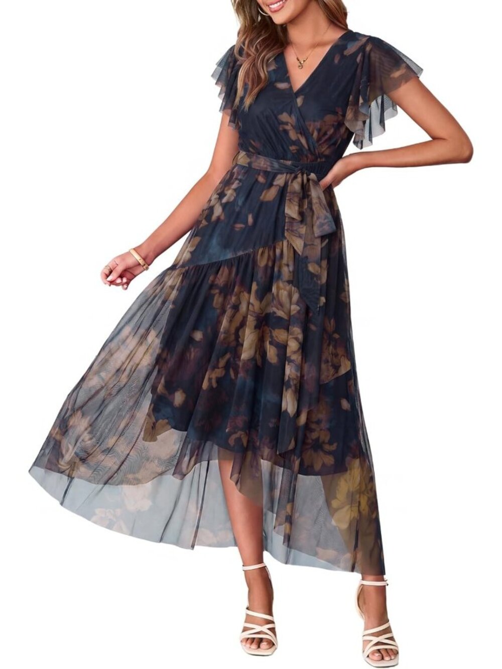 Floral Maxi Dress for Women - Short Sleeve, V Neck, Belted, Flowy Beach Wedding
